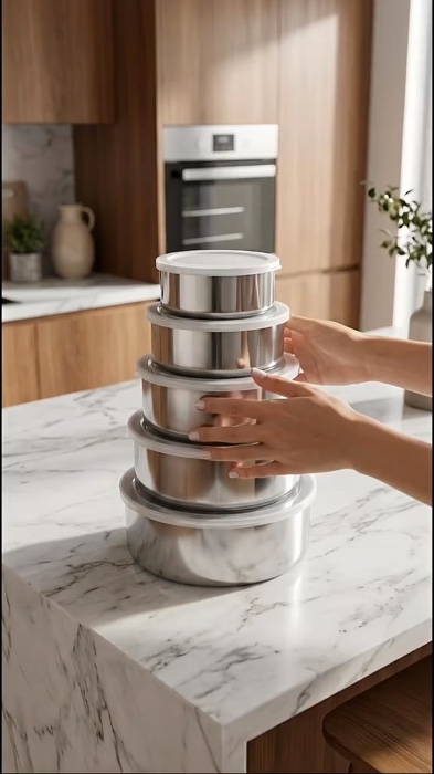 Jogo 5 Potes Tigelas em Inox Alumínio Com Tampa Redondo. #publi #potes #Inox #tigela #cozinha #util #pratico #viral