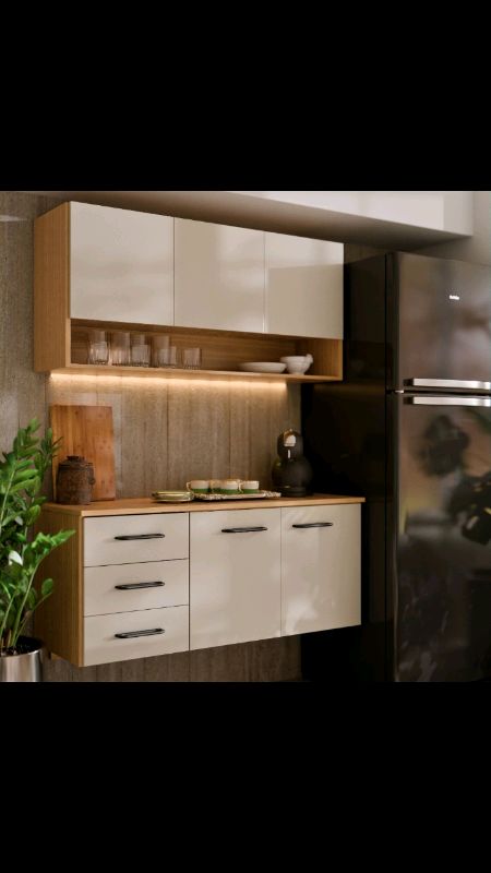 #Armário de Cozinha Eliza MDP/MDF Balcão 3 Gavetas Telescópicas Aéreo Ripado 3D