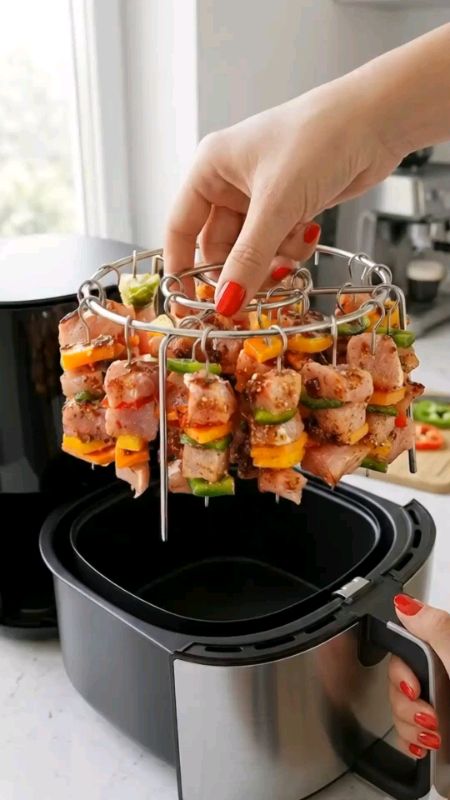 Comprei a Fritadeira De Ar de Aço Inoxidável Vertical com grelha rack destacável e suporte para 24 espetos, e fiquei impressionado.#espetos