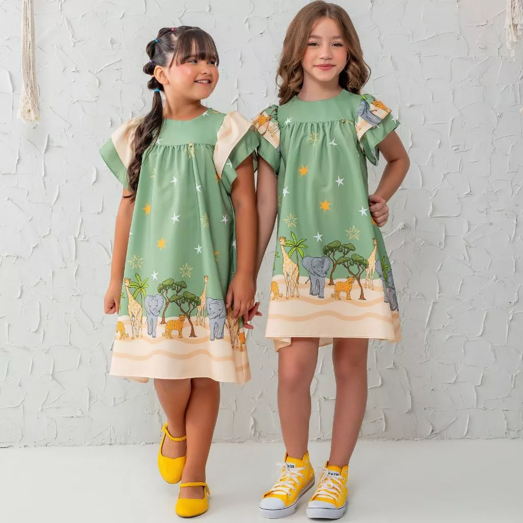 Vestido Infantil Estampado Colorido Menina Dia das Crianças De Manguinha Blogueirinha Tiktok