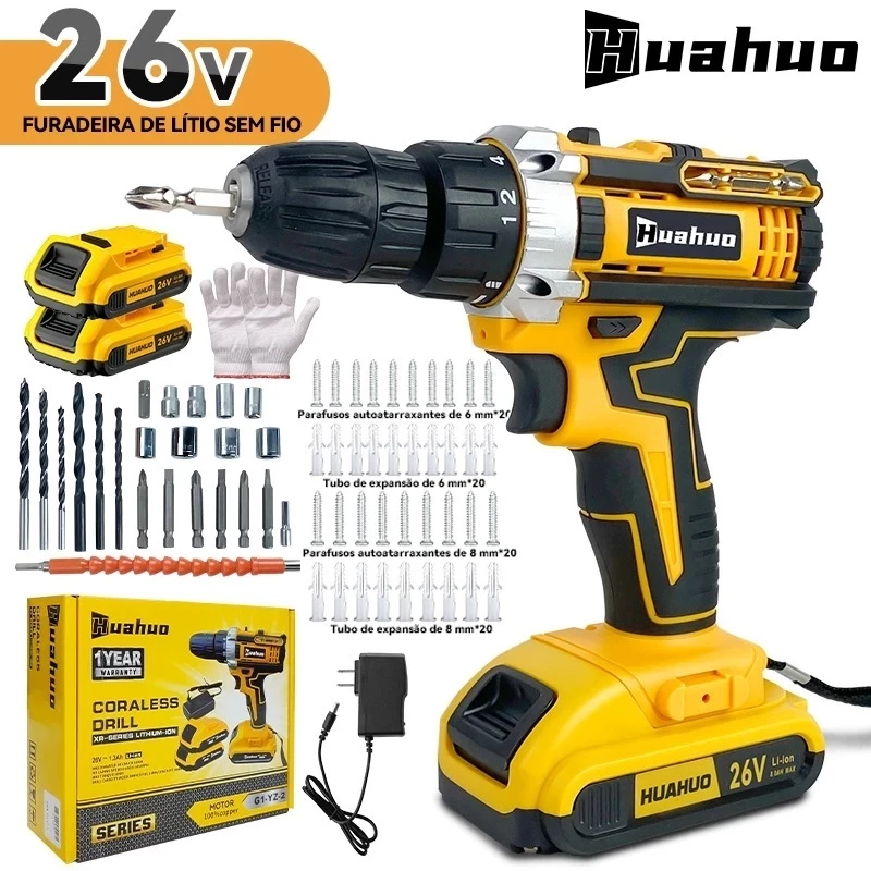 【110V/220V】26V Parafusadeira Furadeira Sem Fio Com Completo Acessórios Caixa de