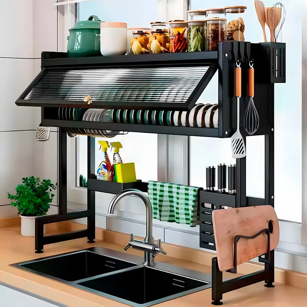 Escorredor De Pratos De Cozinha Suspenso Modular, Organizador, Prateleira Dupla De Asfalto Com Porta 65cm