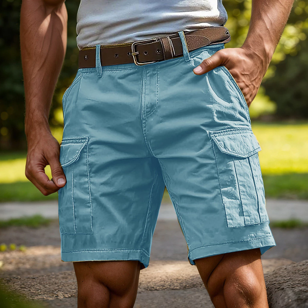 Bermudas masculinas casuais para trabalho com múltiplos bolsos, bermudas esportivas de verão, bermudas de cintura alta