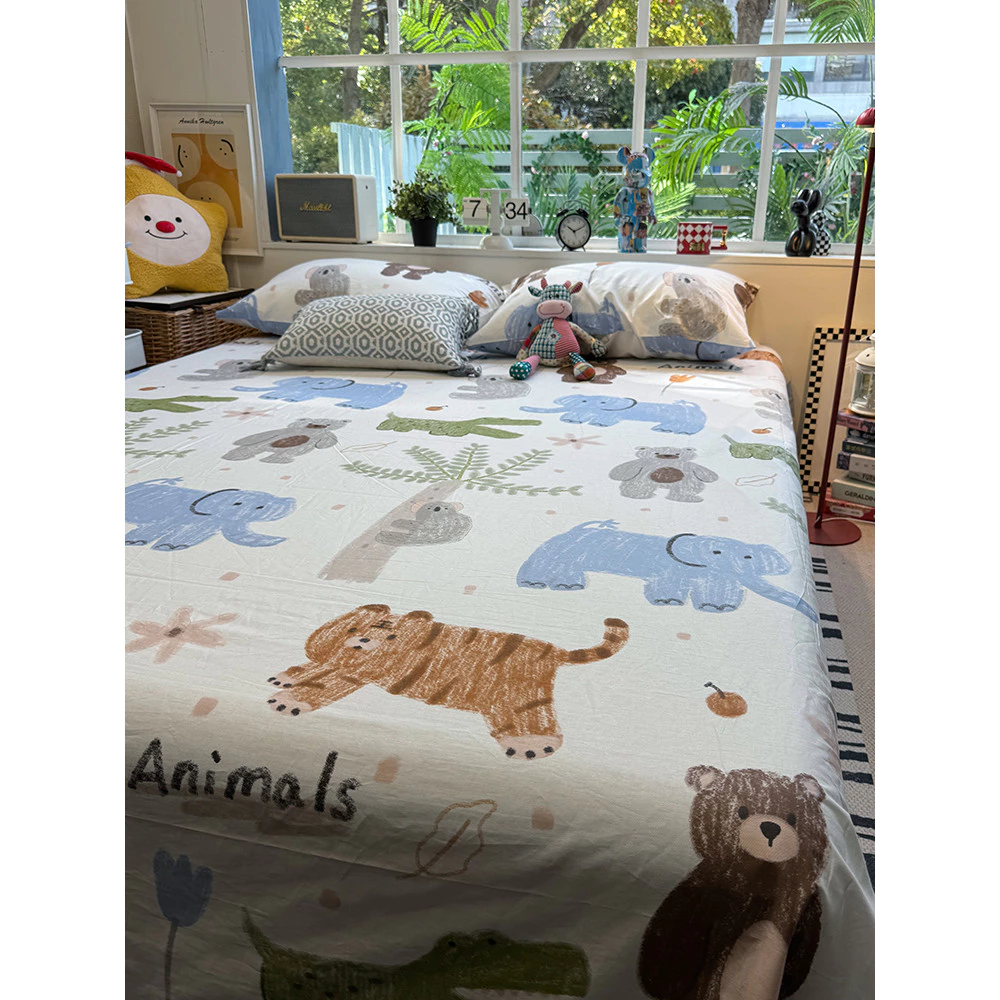 Roupa de cama de desenho animado, algodão puro, peça única, lençol, zoológico, 1.2 cama, 1.8M, cama de casal único, novo