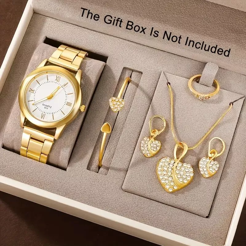 Conjunto De 6 Peças De Relógios De Quartzo Femininos, Mostrador Romano Simples, Joias De Coração De Strass De Luxo